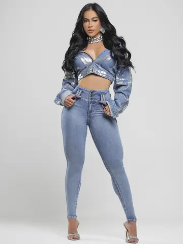 Calça Skinny Cós Largo Clara com Efeito Empina Bumbum Pit Bull Jeans