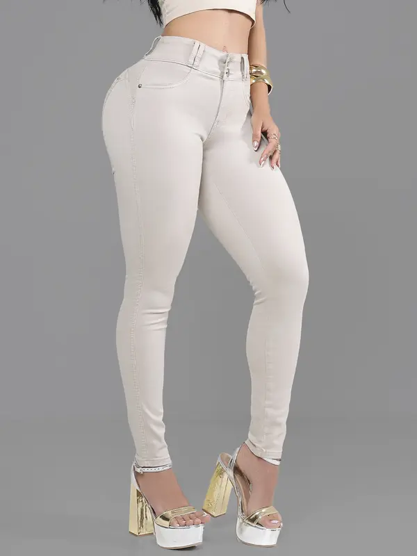 Calça Skinny Feminina Caqui Claro com Empina Bumbum Pit Bull Jeans