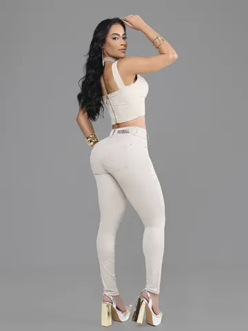 Calça Skinny Feminina Caqui Claro com Empina Bumbum Pit Bull Jeans