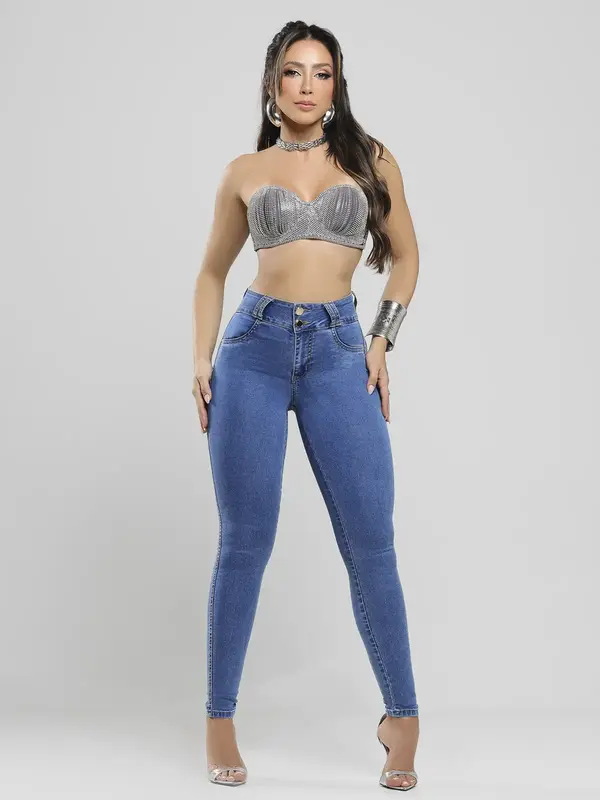 Calça Skinny Cintura Alta em Lavado Médio Pit Bull Jeans Modeladora