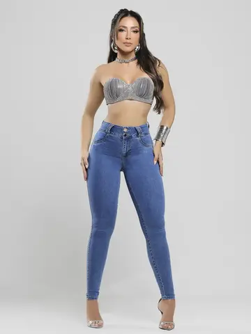 Calça Skinny Cintura Alta em Lavado Médio Pit Bull Jeans Modeladora