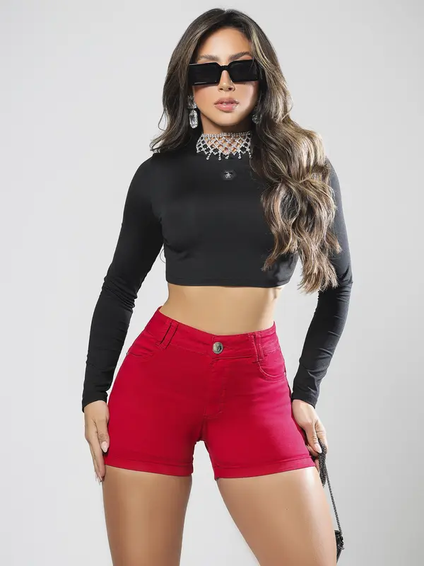 Short Hot Pants Vermelho com Cintura Alta e Empina Bumbum Pit Bull Jeans