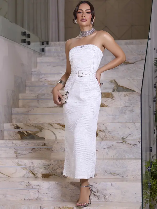 Vestido Midi Conceito Pit Bull Jeans Luxo Elegante com Cinto e Fenda nas Costas