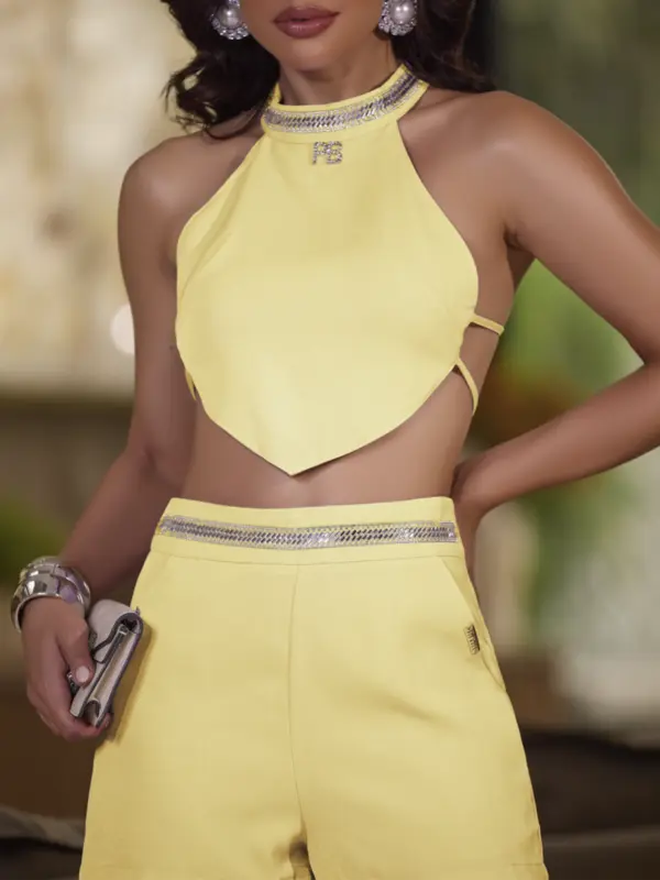 Conjunto Cropped e Short Elegante e Casual com Detalhes em Strass Empório Pit Bull