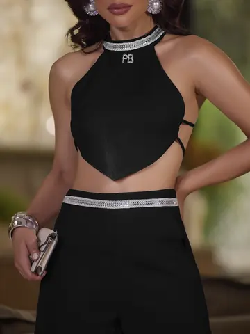 Conjunto Cropped e Short Elegante e Casual com Detalhes em Strass Empório Pit Bull