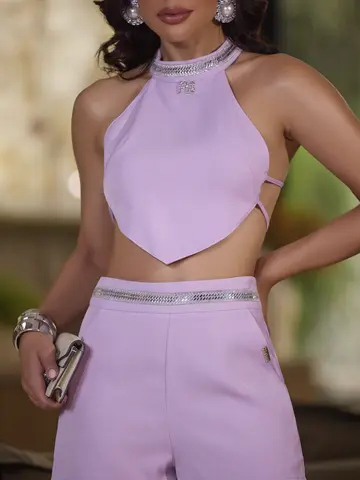 Conjunto Cropped e Short Elegante e Casual com Detalhes em Strass Empório Pit Bull
