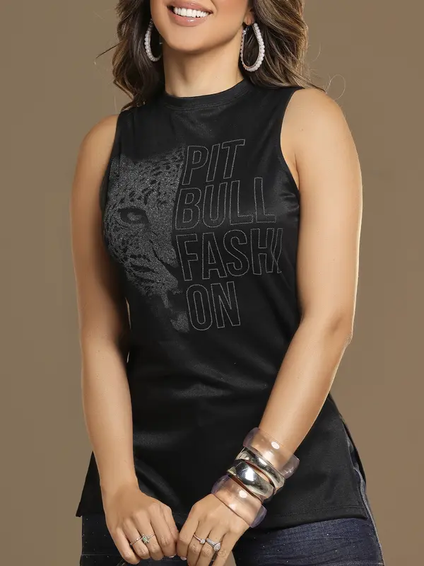 Regata Preta Fashion e Estilosa Pit Bull Jeans com Estampa Brilhosa