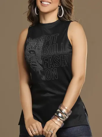 Regata Preta Fashion e Estilosa Pit Bull Jeans com Estampa Brilhosa