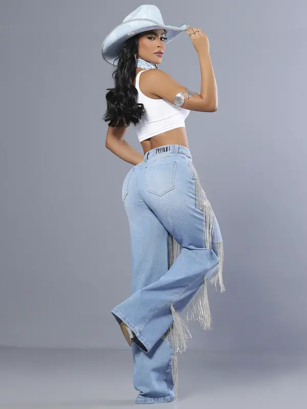 Calça Wide Leg Super Conceito e Fashion com Franjas de Strass Pit Bull Jeans