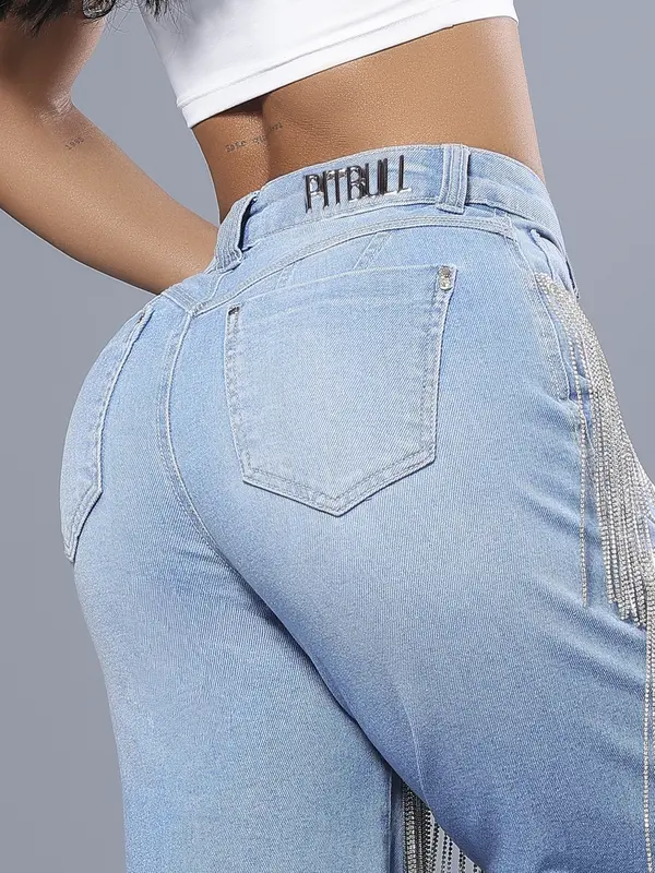 Calça Wide Leg Super Conceito e Fashion com Franjas de Strass Pit Bull Jeans