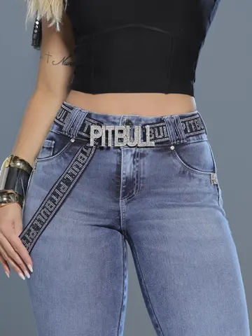 Calça Skinny Modeladora e Glamourosa com Cinto de Strass Pit Bull Jeans Luxo