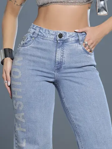 Calça Wide Leg Cintura Alta Fashion e Elegante com Escrita Brilhosa Pit Bull Jeans