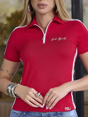 Polo Feminina Vermelha Pit Bull Jeans Versátil e Sofisticada com Faixas Laterais
