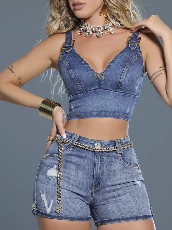Short Hot Pants Modelador com Cinto de Correntes e Detalhes Únicos Pit Bull Jeans Luxo