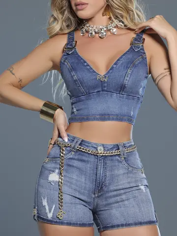 Short Hot Pants Modelador com Cinto de Correntes e Detalhes Únicos Pit Bull Jeans Luxo