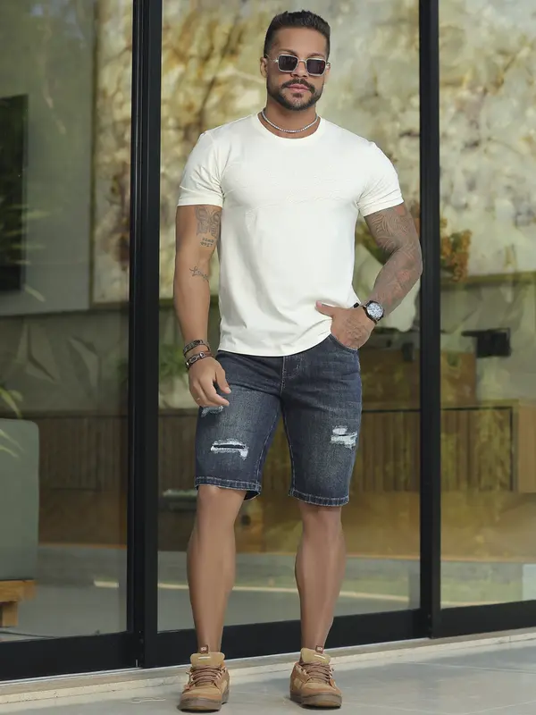 Bermuda Masculina Pit Bull Jeans Luxo Autêntica e Sofisticada com Detalhes em Puídos