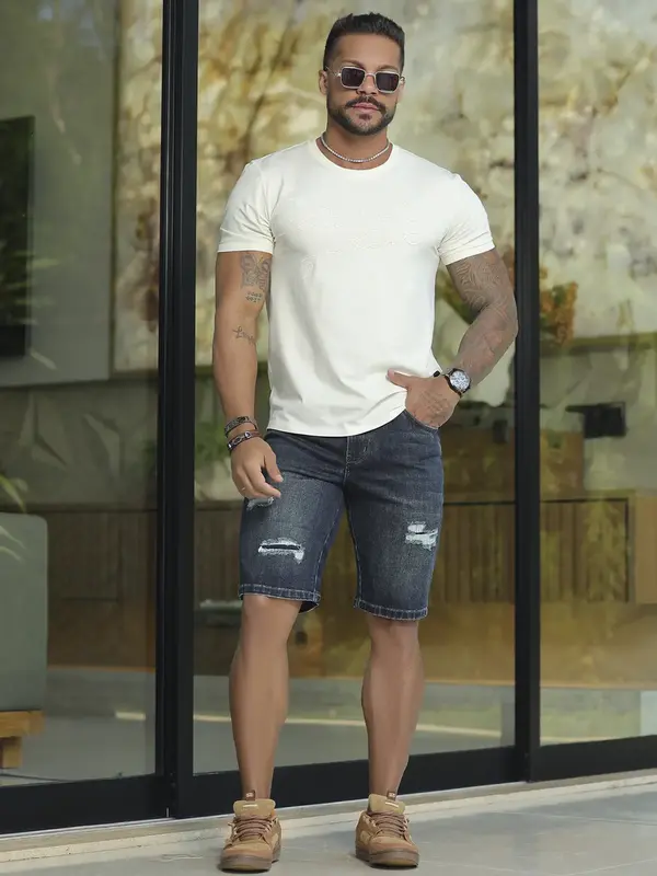 Bermuda Masculina Pit Bull Jeans Luxo Autêntica e Sofisticada com Detalhes em Puídos
