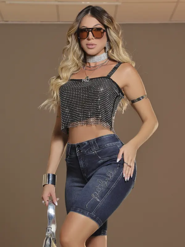 Bermuda Ciclista Modeladora e Confortável com Bordado de Strass Pit Bull Jeans