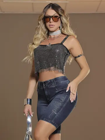 Bermuda Ciclista Modeladora e Confortável com Bordado de Strass Pit Bull Jeans