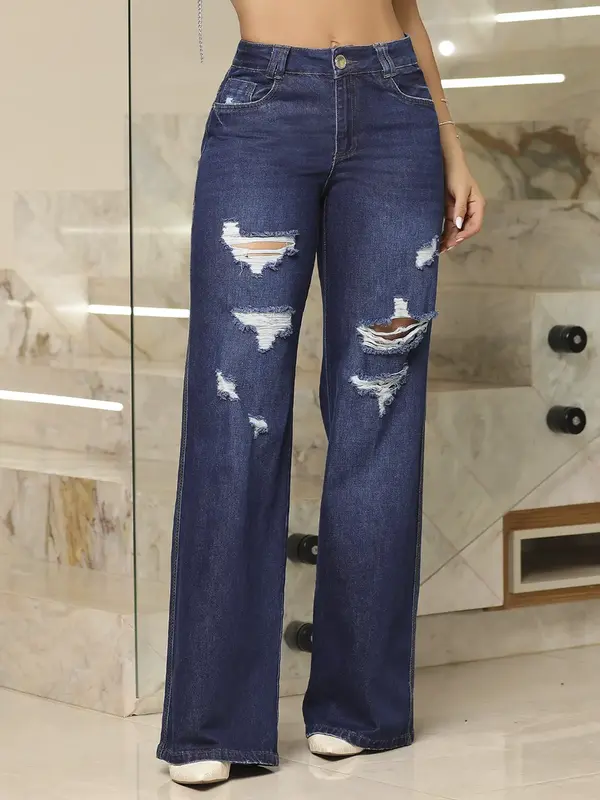 Calça Wide Leg Estilosa e Refinada com Detalhes Destroyed Pit Bull Jeans Premium