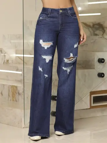 Calça Wide Leg Estilosa e Refinada com Detalhes Destroyed Pit Bull Jeans Premium