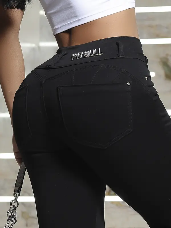 Calça Skinny Preta Cós Largo com Cintura Alta Modeladora e Casual Pit Bull Jeans