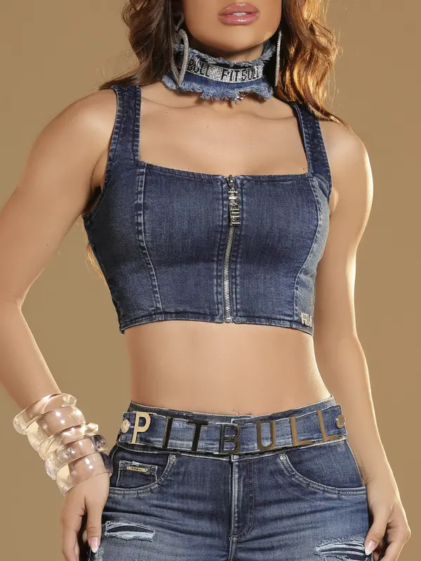 Top Cropped Jeans Casual e Sofisticado com Lavado Escuro Pit Bull Jeans