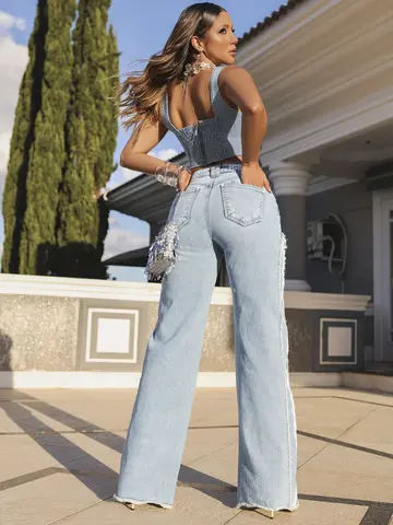 Calça Wide Leg Sofisticada com Estilo Destroyed e Lateral Personalizada Pit Bull Jeans