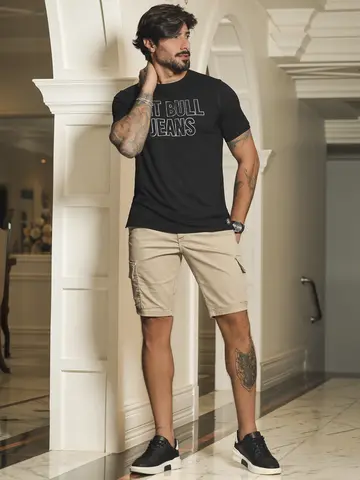 Bermuda Masculina Color Pit Bull Jeans Casual e Sofisticada com Bolsos Cargo