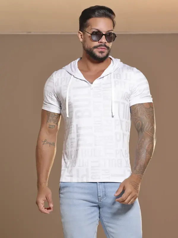 Camiseta Masculina Estampada Pit Bull Jeans Luxo Confortável com Capuz Estiloso