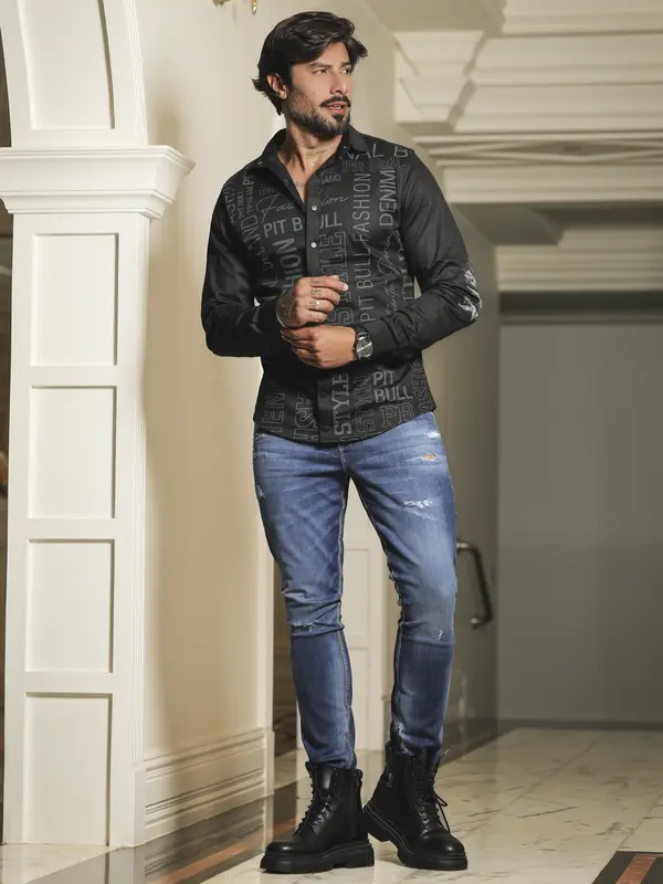 Calça Masculina Sofisticada com Lavado Médio e Detalhes Puídos Pit Bull Jeans Luxo