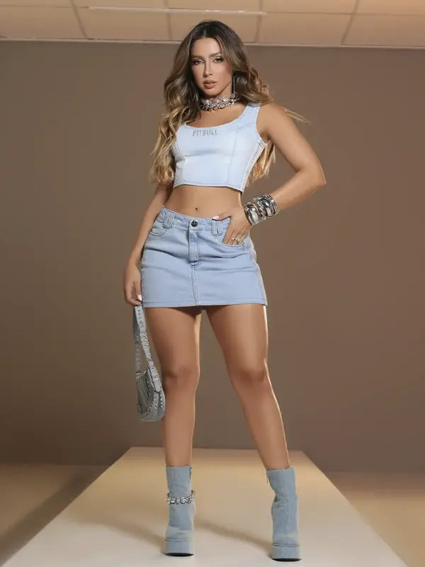 Cropped Jeans Sofisticado com Detalhes Laterais de Strass Pit Bull Jeans