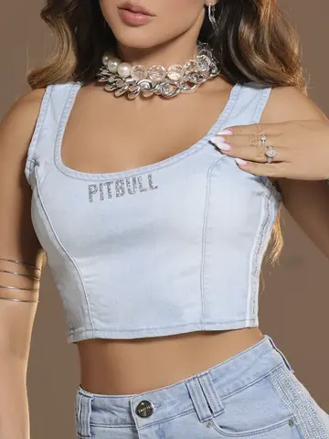 Cropped Jeans Sofisticado com Detalhes Laterais de Strass Pit Bull Jeans