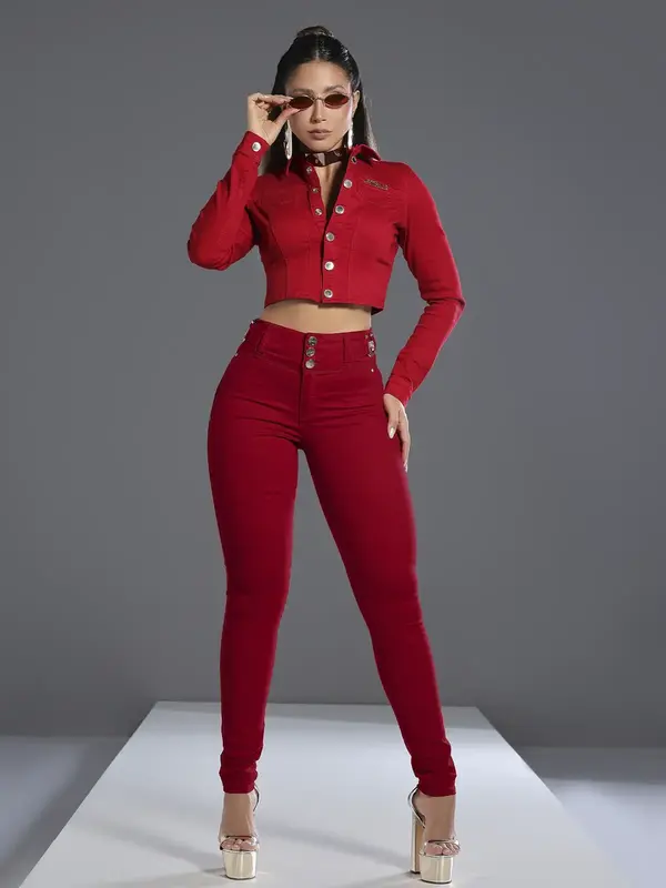 Calça Skinny Cós Largo Vermelha Pit Bull Jeans Luxo Confortável e Estilosa