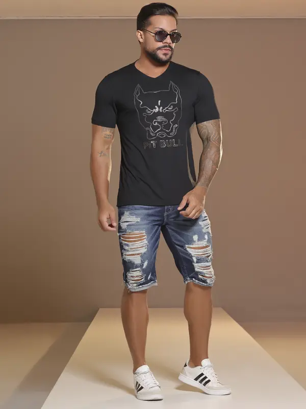Camiseta Slim Gola V Casual e Estilosa com Estampa Pit Bull Jeans Luxo