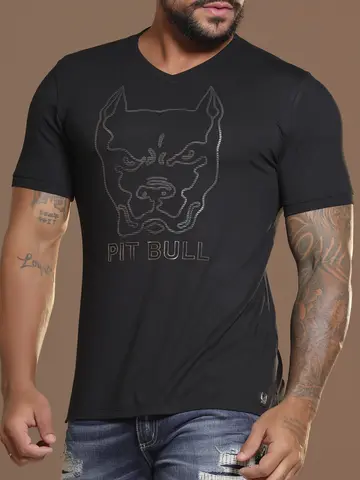 Camiseta Slim Gola V Casual e Estilosa com Estampa Pit Bull Jeans Luxo
