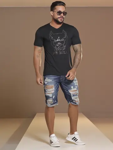 Camiseta Slim Gola V Casual e Estilosa com Estampa Pit Bull Jeans Luxo