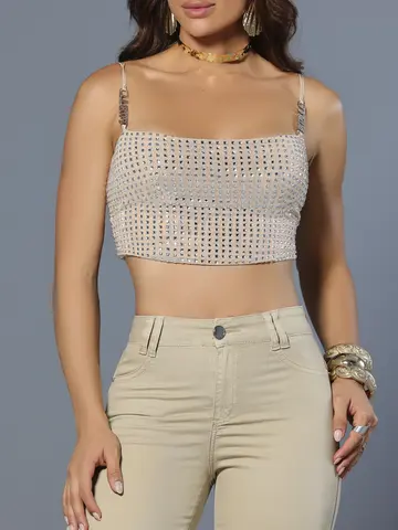 Cropped Conceito Elegante Pit Bull Jeans Luxo com Pedrarias e Enfeite nas Alças