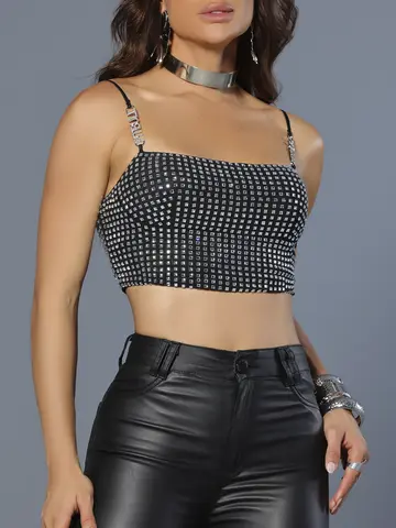 Cropped Conceito Elegante Pit Bull Jeans Luxo com Pedrarias e Enfeite nas Alças