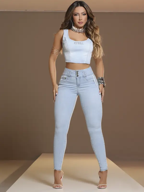 Calça Skinny Cós Largo Modeladora com Detalhes Laterais de Strass Pit Bull Jeans Luxo