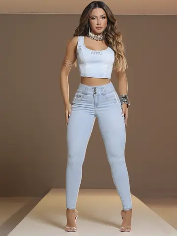 Calça Skinny Cós Largo Modeladora com Detalhes Laterais de Strass Pit Bull Jeans Luxo