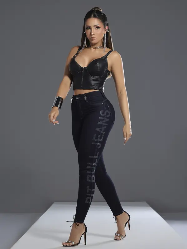 Calça Skinny Hot Pants Modeladora e Estilosa com Logomania Lateral Pit Bull Jeans Luxo