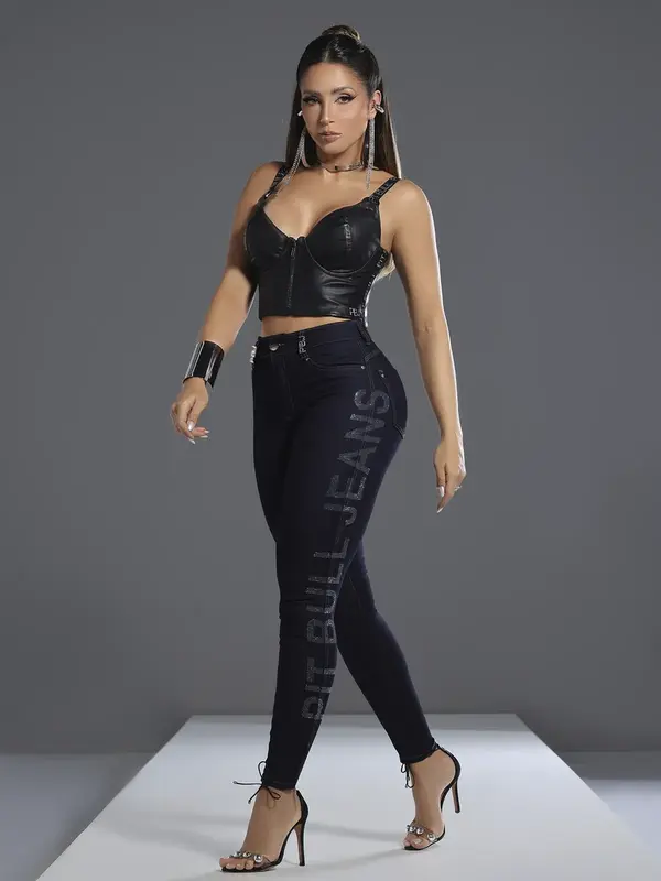 Calça Skinny Hot Pants Modeladora e Estilosa com Logomania Lateral Pit Bull Jeans Luxo