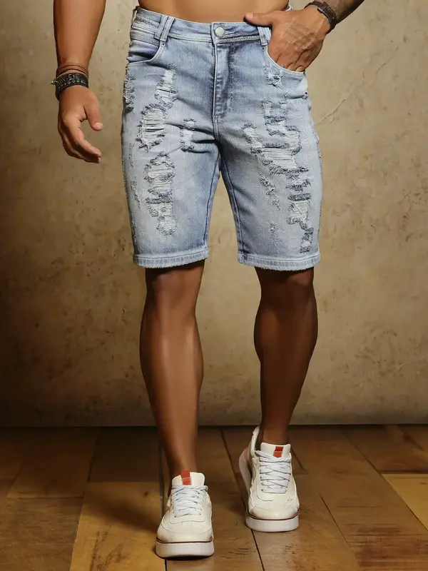 Bermuda Masculina Pit Bull Jeans Luxo Confortável e Sofisticada com Estilo Destroyed