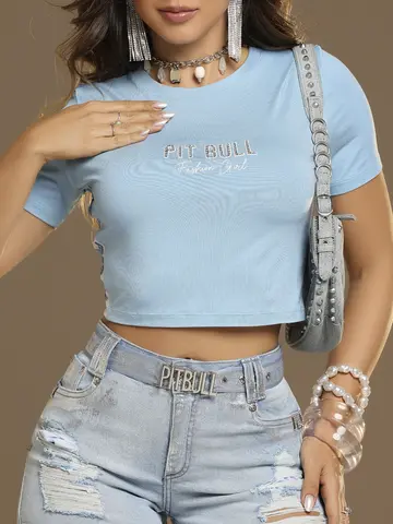 Cropped Manga Curta Fashion e Confortável com Laterais Personalizadas Pit Bull Jeans Luxo