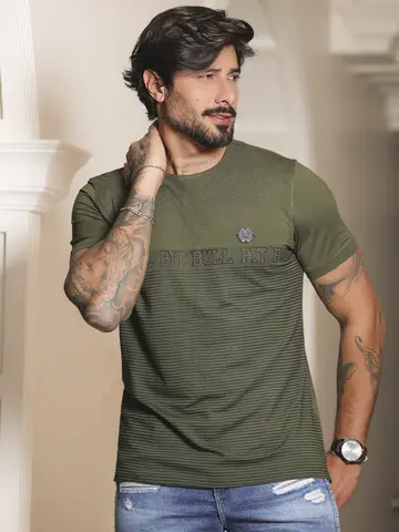 Camiseta Masculina Gola O Verde Casual e Sofisticada Pit Bull Jeans Luxo