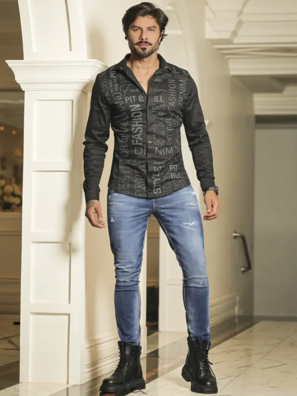 Camisa Preta Masculina Manga Longa Estilosa