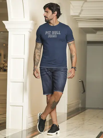 Camiseta Masculina Gola O com Estampa em Relevo Prata Pit Bull Jeans Luxo