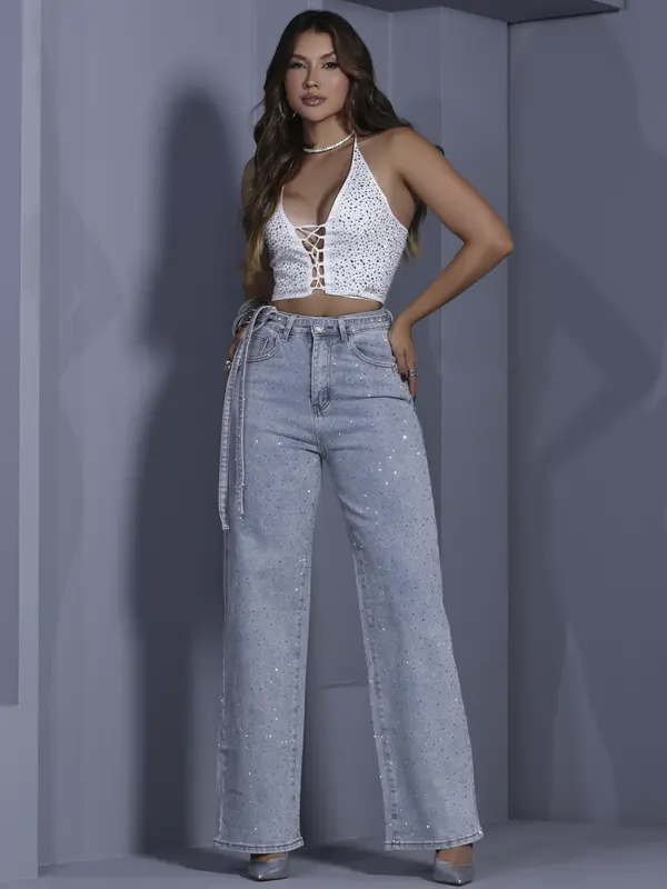 Cropped Conceito Elegante e Sofisticado com Pedrarias Pit Bull Jeans