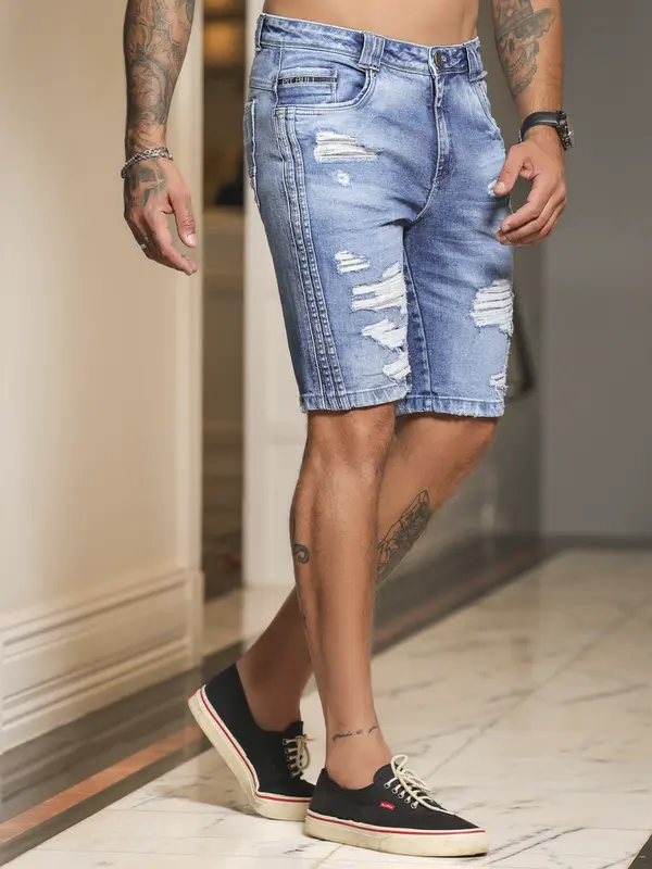 Bermuda Masculina Casual e Versátil com Detalhes em Destroyed Pit Bull Jeans Luxo